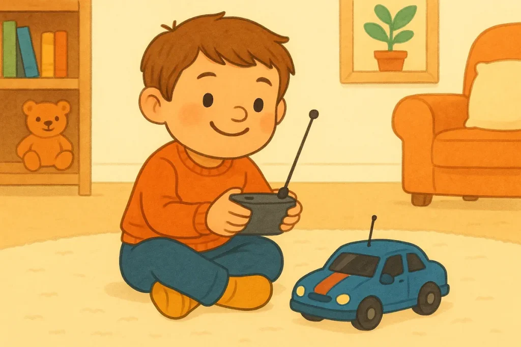 Pojke 4 år leker med radiostyrd bil