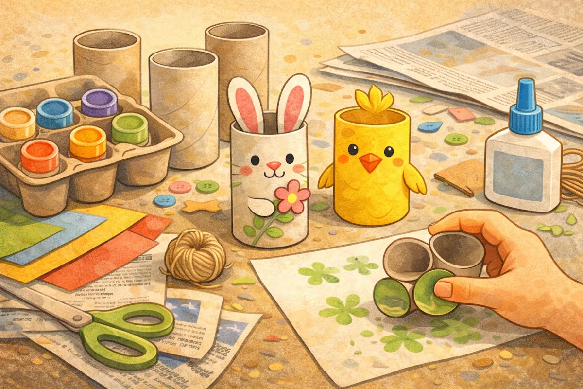 Pyssel med toarulle i krabatstilen där återbruk står i fokus, med kanin och kyckling av toarullar