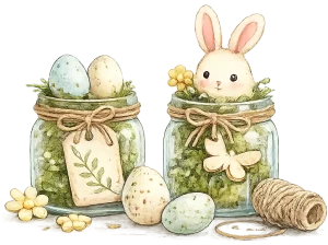 Påskpyssel vuxna med återbruk där glasburkar dekoreras med mossa, ägg, snöre och små påskfigurer i lugna, naturliga färger.