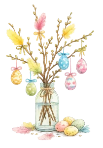 Påskpyssel vuxna med ett stilrent påskris i glasvas dekorerat med målade ägg, fjädrar och band i mjuka pastelltoner.