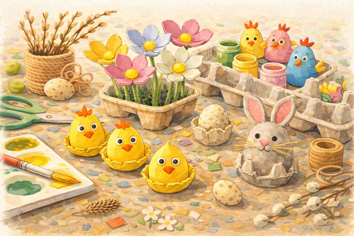 Påskpyssel med äggkartong där kycklingar, blommor och kaniner skapas av målade äggkartonger med färg, penslar och återbruk i fokus.