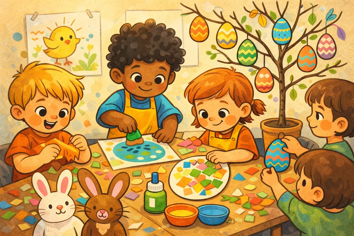 Barn i förskolemiljö skapar påskpyssel tillsammans med färgat papper, lim och målade ägg medan ett påskträd står i bakgrunden.
