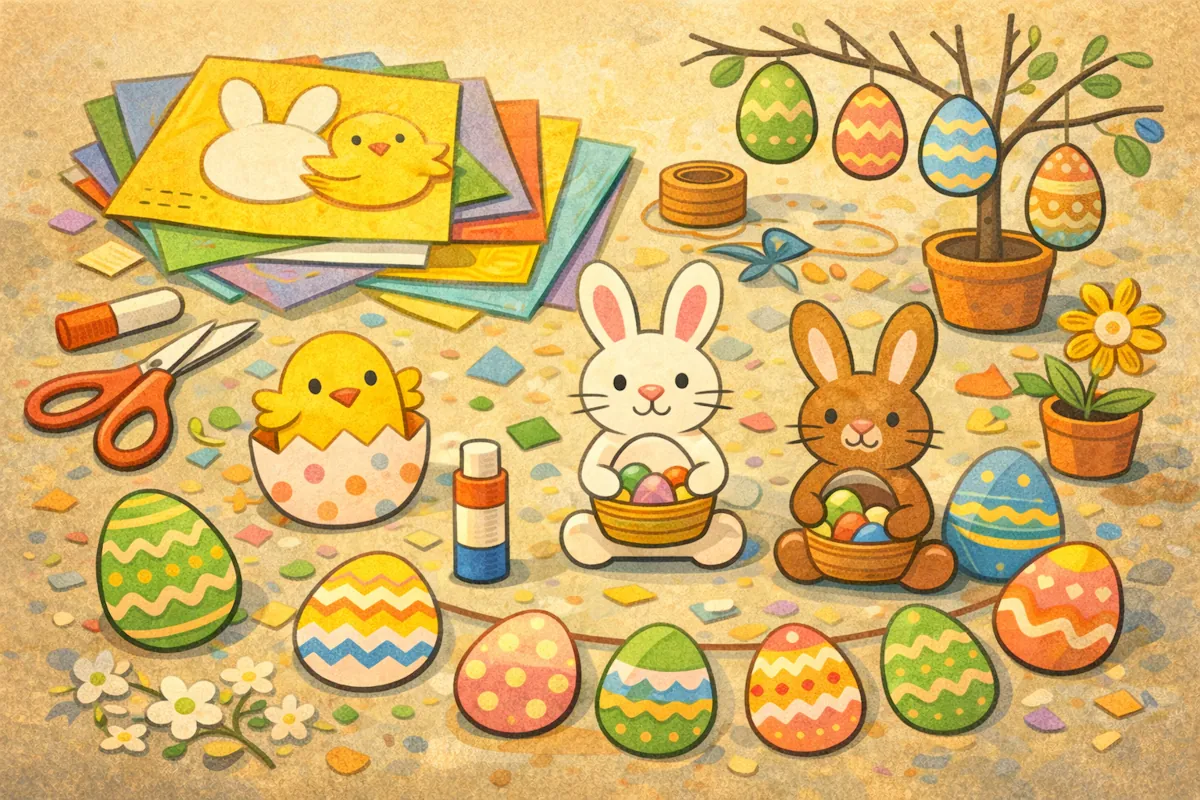 Färdiga påskpyssel av papper med kaniner, kycklingar och dekorerade ägg utlagda bland sax, färgat papper och pysselmaterial.