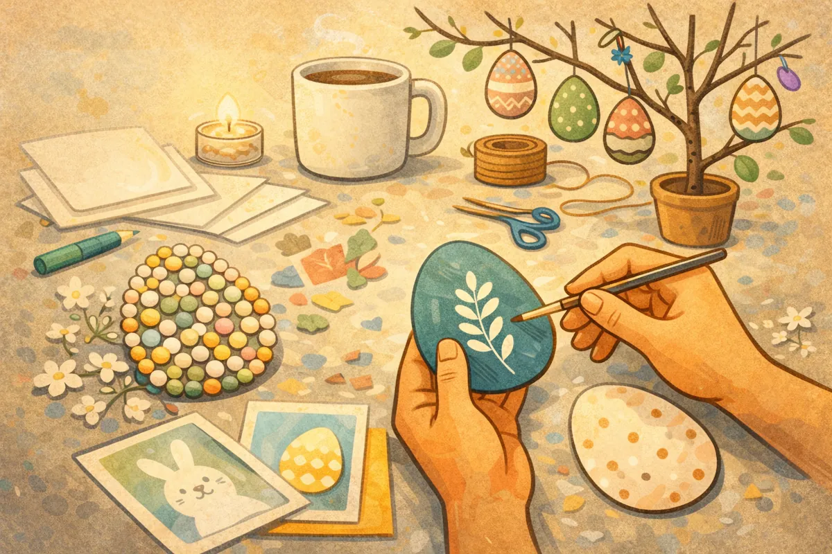 Vuxenmålat påskägg med naturmönster ligger på ett bord tillsammans med pärlor, kort, kaffe och lugna påskdekorationer i mjuka färger.