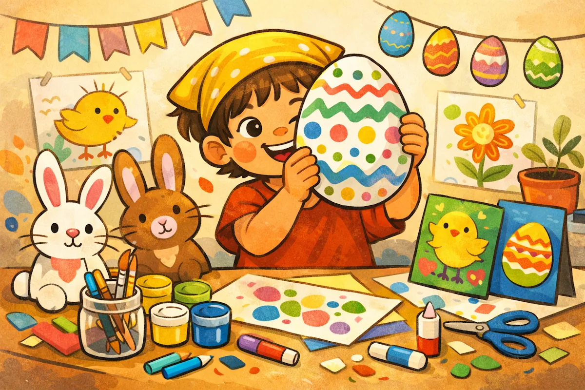 Påskpyssel av ett barn sopm sitter vid ett pysselbord och håller upp ett stort färgglatt påskägg omgivet av kaniner, färg, papper och påskdekorationer