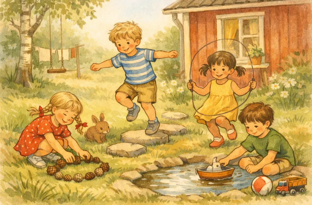 Handritad illustration: barn som leker olika roliga utelekar på en gräsmatta