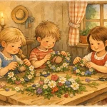 barn som binder blomsterkransar vid ett bord utomhus på midsommar