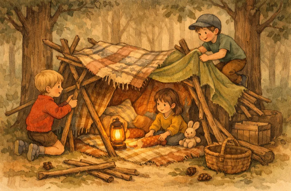 barn som bygger en koja av pinnar och filtar bland träd i en sommarskog