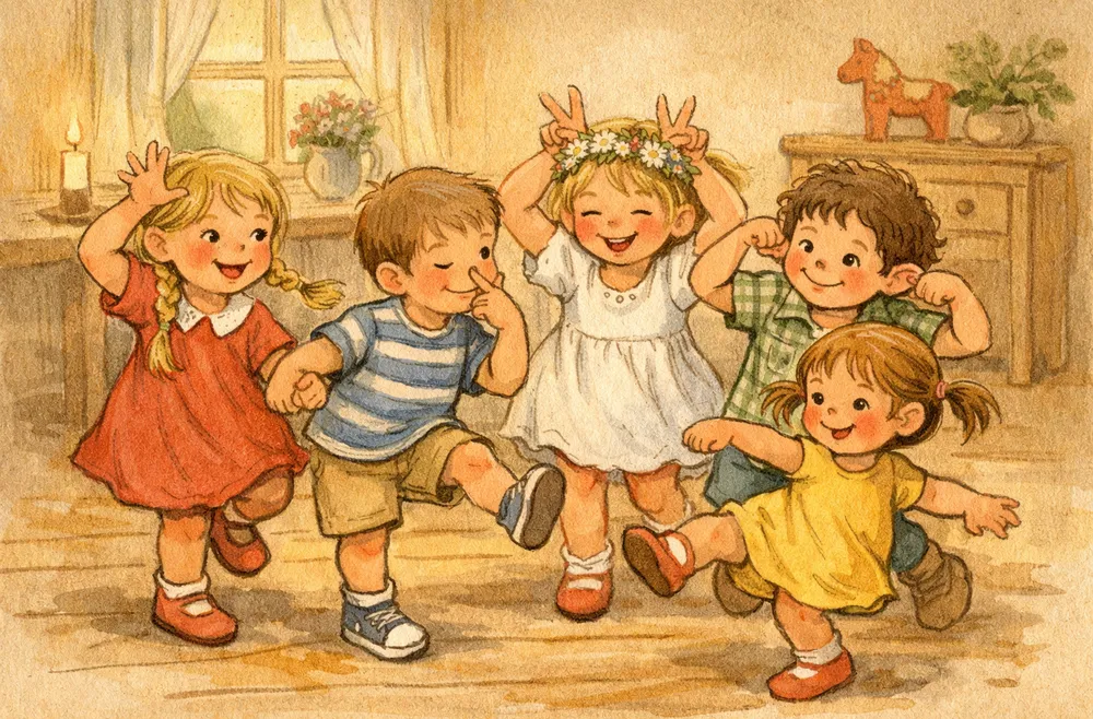 barn som dansar och härmar roliga rörelser i en ring på midsommar
