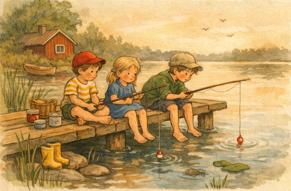 ett barn som fiskar med metspö från en brygga vid en lugn sjö