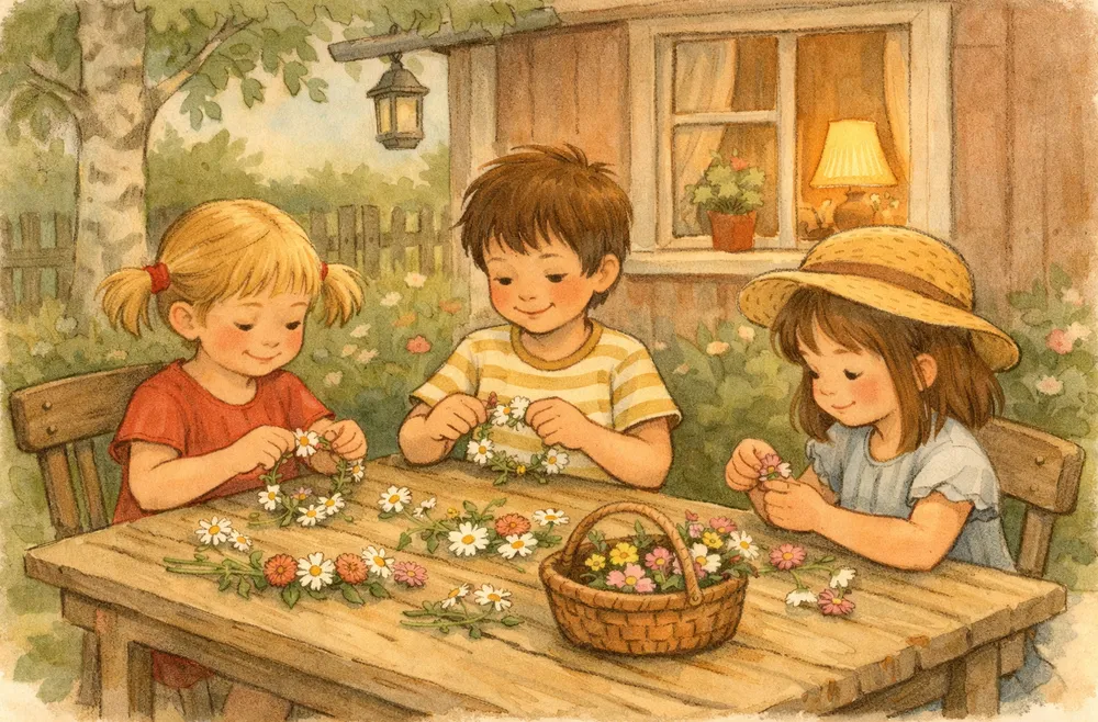 barn som gör armband av små blommor vid ett bord utomhus på midsommar