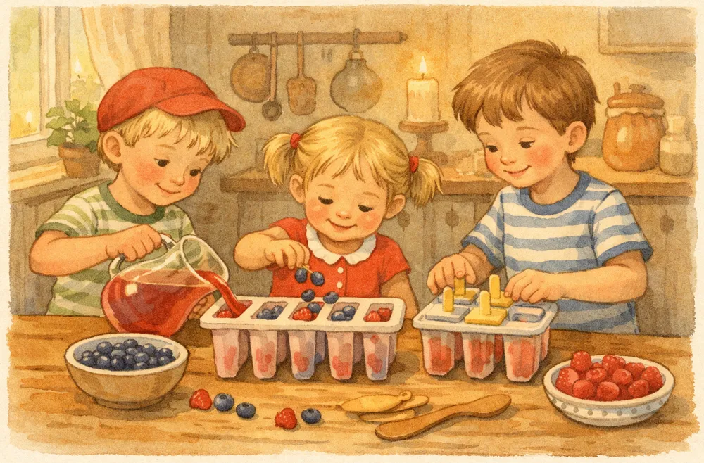 barn som gör isglasspinnar av bär och saft i ett kök
