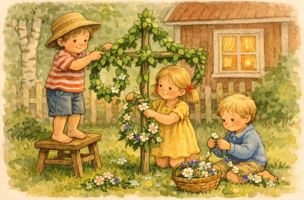 barn som klär en liten midsommarstång med björklöv och blommor i en trädgård
