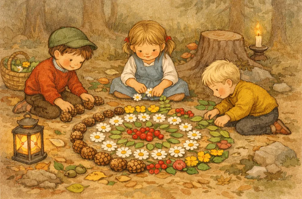 barn som lägger ett cirkelmönster av blommor, löv och kottar på marken i en skog