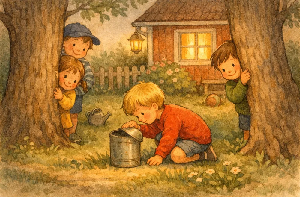 barn som leker gömmalek i en sommarträdgård i kvällsljus med en plåtburk på marken