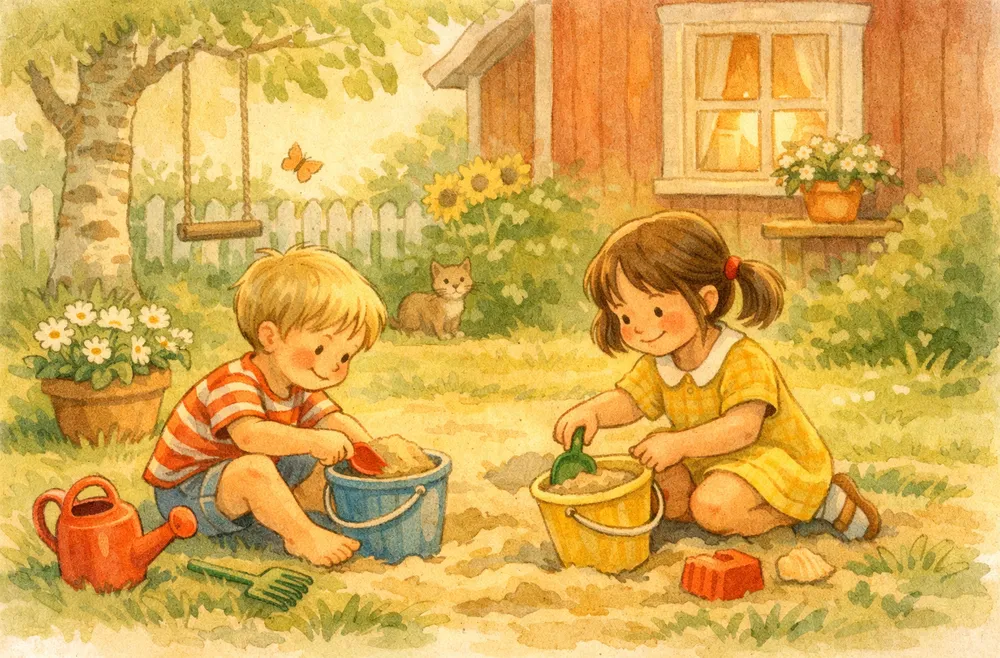 barn som leker med hink, spade och vattenleksaker i en trädgård en sommardag
