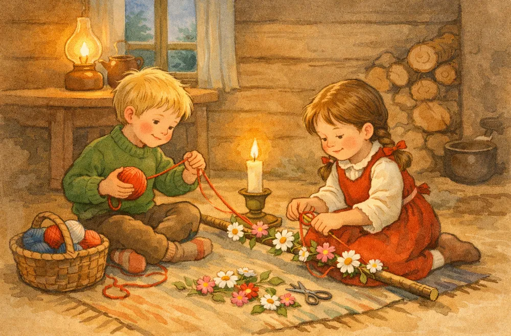 barn som lindar garn och fäster blommor på en pinne för att göra ett trollspö i en skog