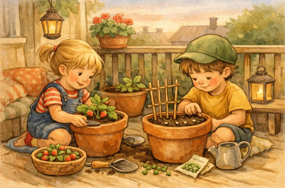 barn som planterar i krukor på en balkong en sommardag