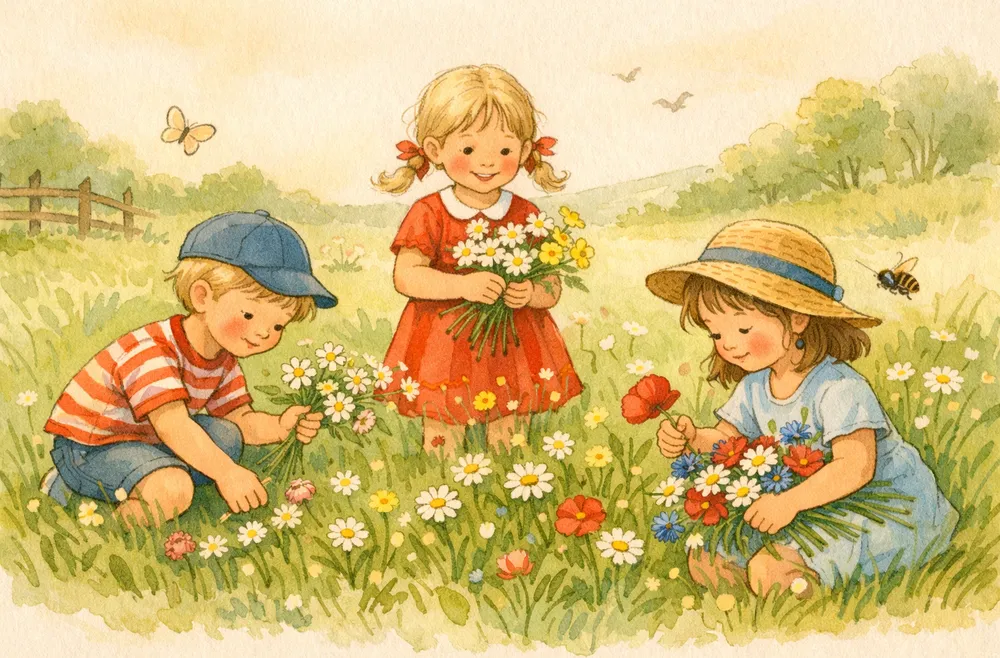 ett barn som plockar olika sommarblommor på en äng en ljus midsommarkväll
