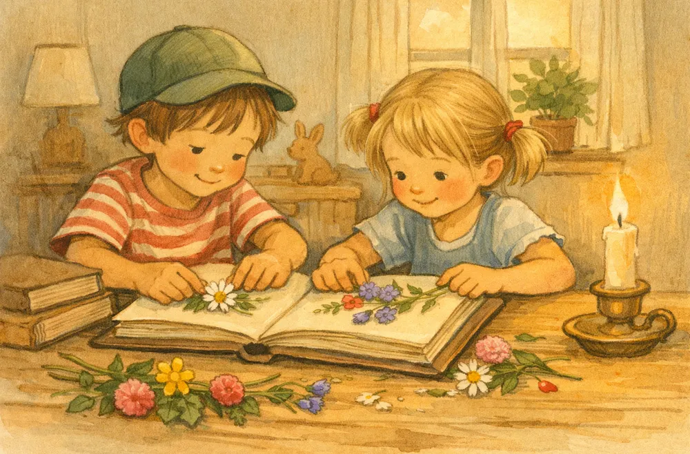 barn som plockar och lägger sommarblommor i en tjock bok för att pressa dem vid ett bord