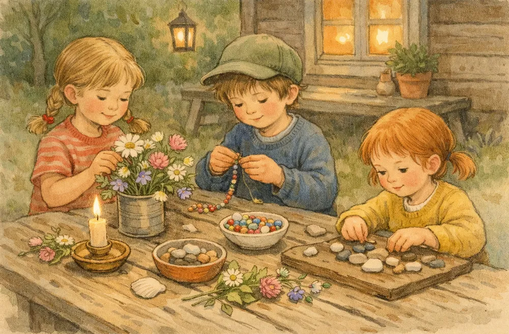 barn som pysslar med blommor, stenar och pärlor vid ett bord utomhus en solig sommardag