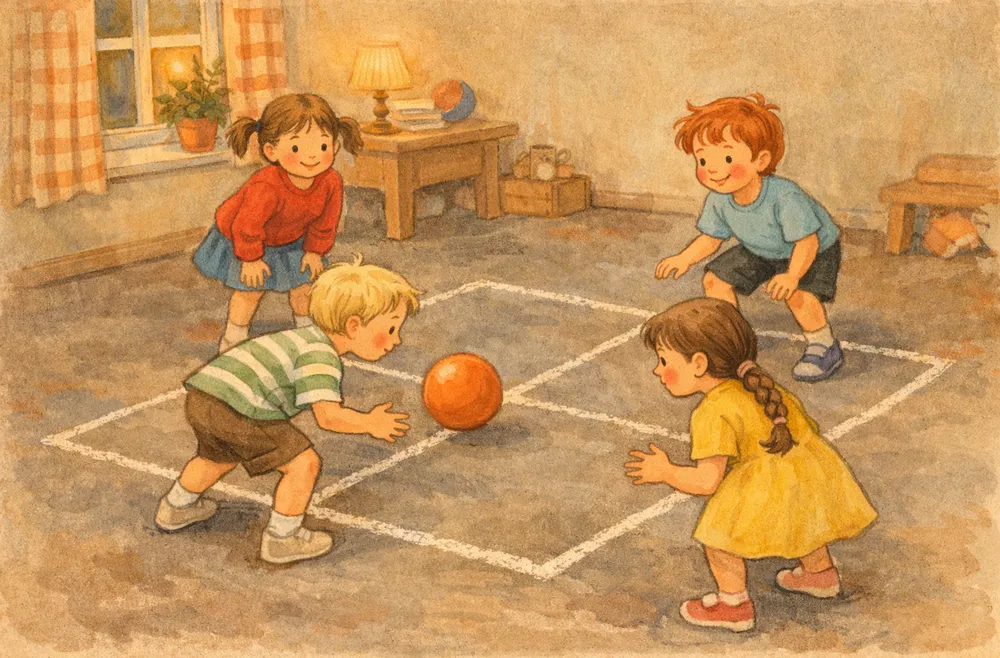 barn som spelar king med en boll i fyra rutor ritade med krita på asfalt