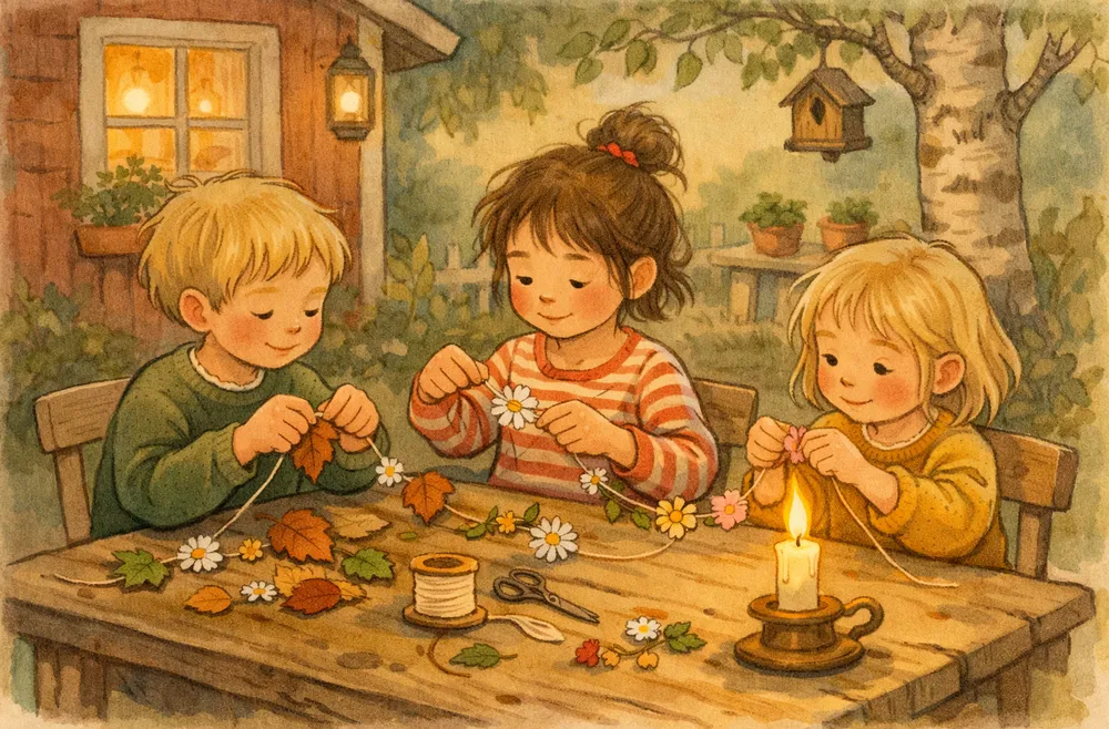 barn som trär löv och blommor på ett snöre till en girlang vid ett bord utomhus