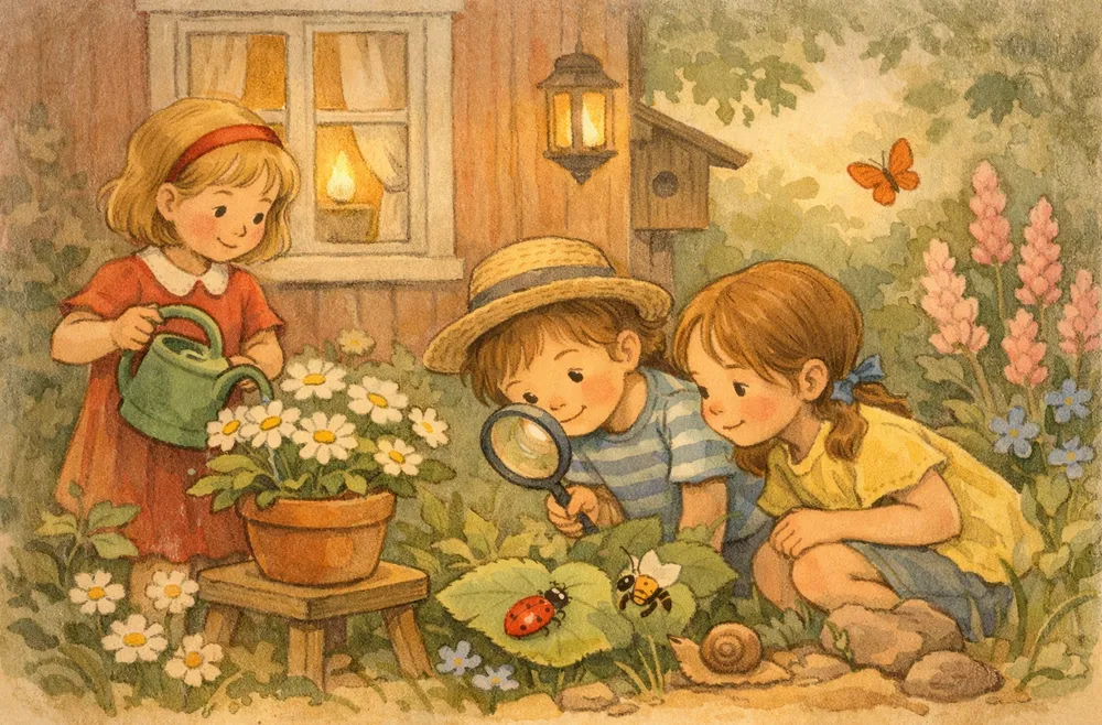 barn som vattnar blommor och tittar nyfiket på småkryp i en trädgård