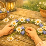 barnhänder som binder en blomsterkrans av prästkragar och blåklockor på ett träbord utomhus