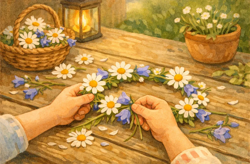 barnhänder som binder en blomsterkrans av prästkragar och blåklockor på ett träbord utomhus