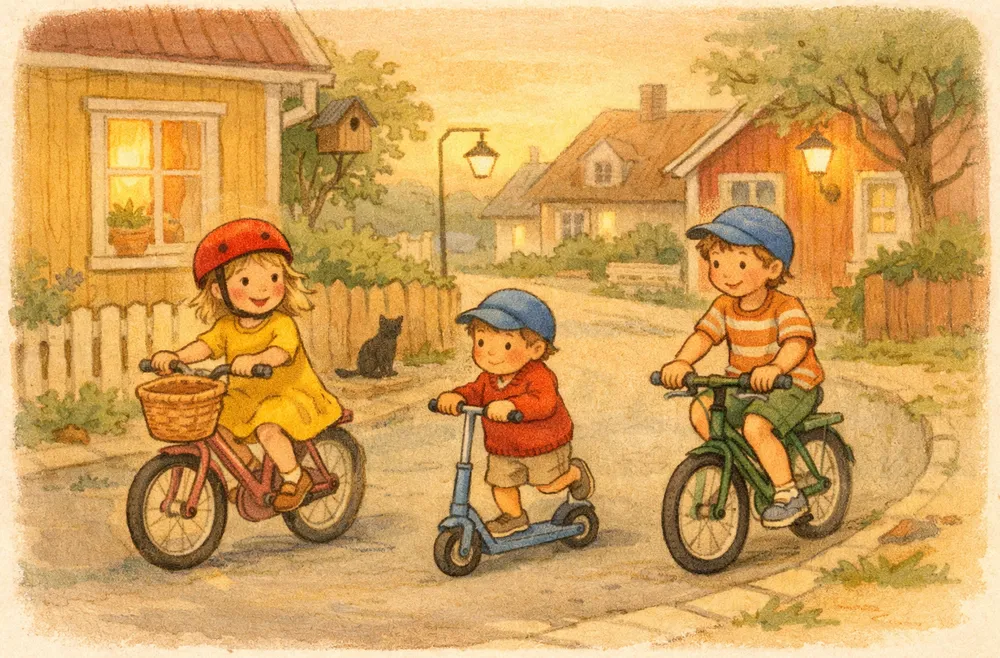 barn som cyklar och åker sparkcykel på en lugn gata en solig sommardag