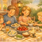 en familj som äter midsommarmat med jordgubbar och färskpotatis vid ett dukat bord utomhus