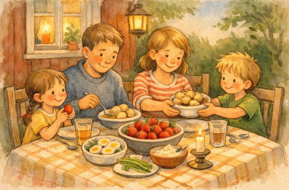 en familj som äter midsommarmat med jordgubbar och färskpotatis vid ett dukat bord utomhus