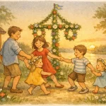 en glad familj som dansar runt en blomsterklädd midsommarstång en ljus sommarkväll