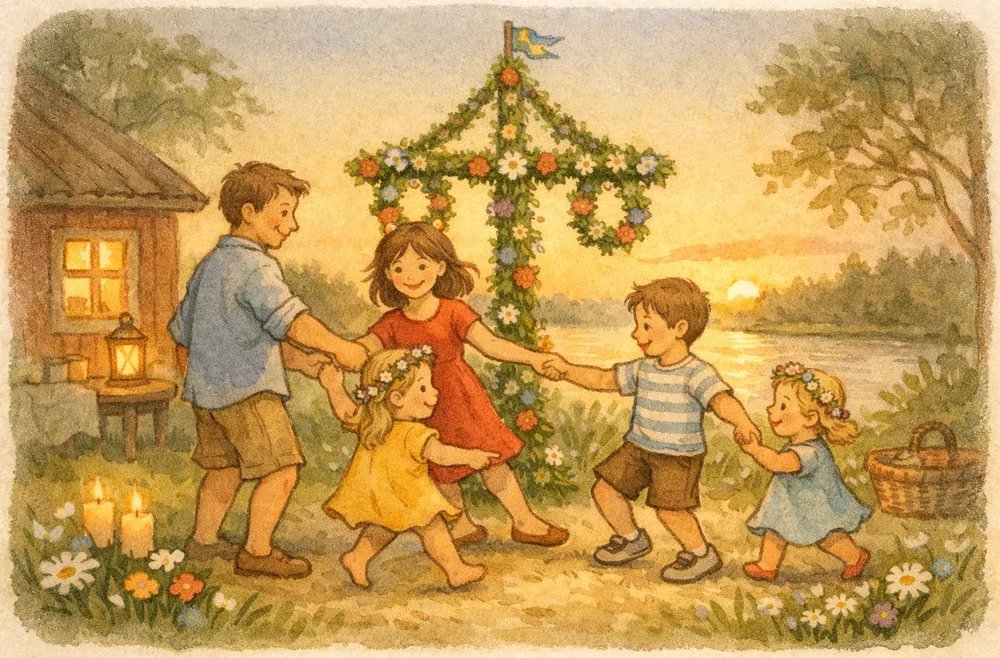 en glad familj som dansar runt en blomsterklädd midsommarstång en ljus sommarkväll