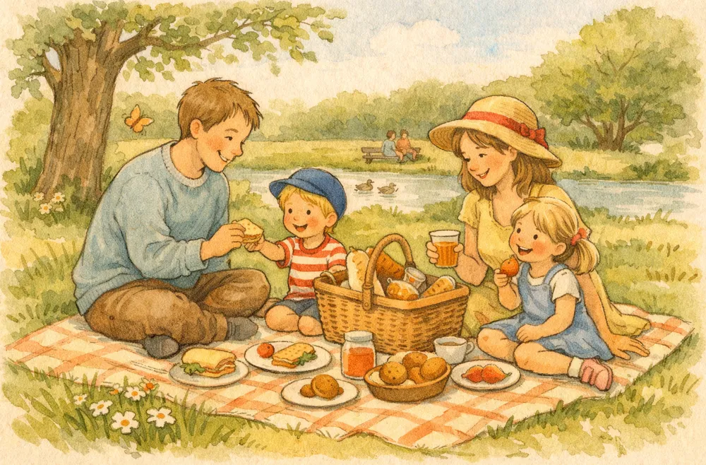 en familj som har picknick med filt och korg i en grön park en solig dag