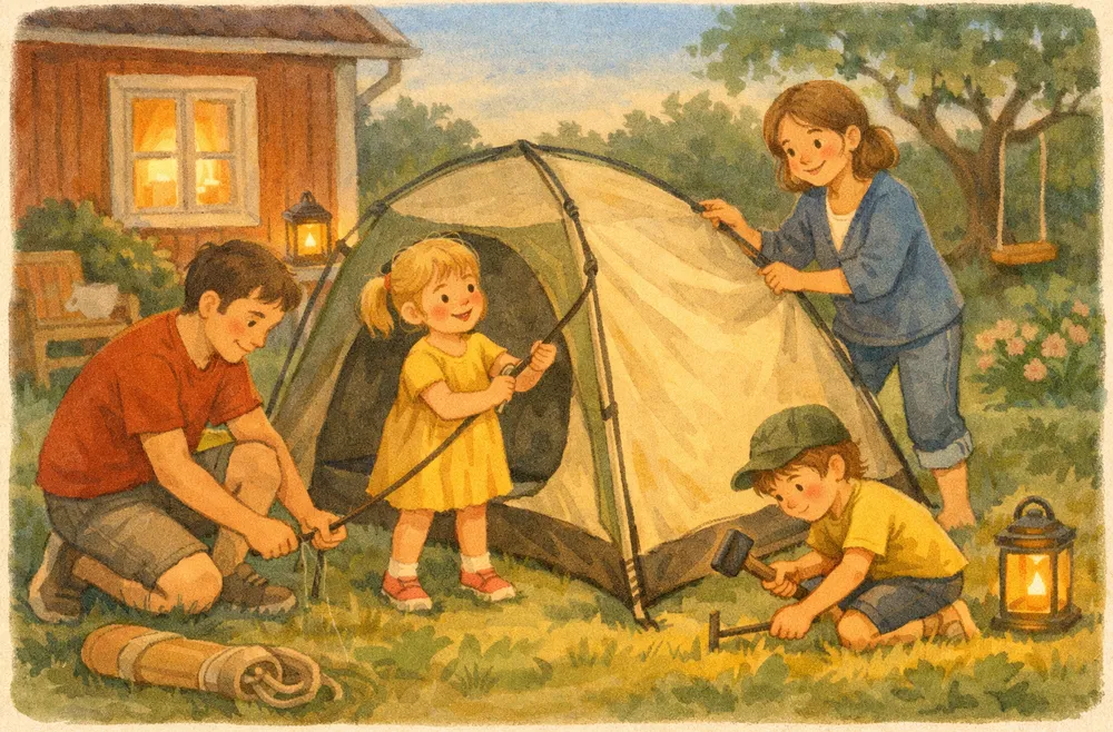 en familj som sätter upp ett tält i en trädgård en ljus sommarkväll