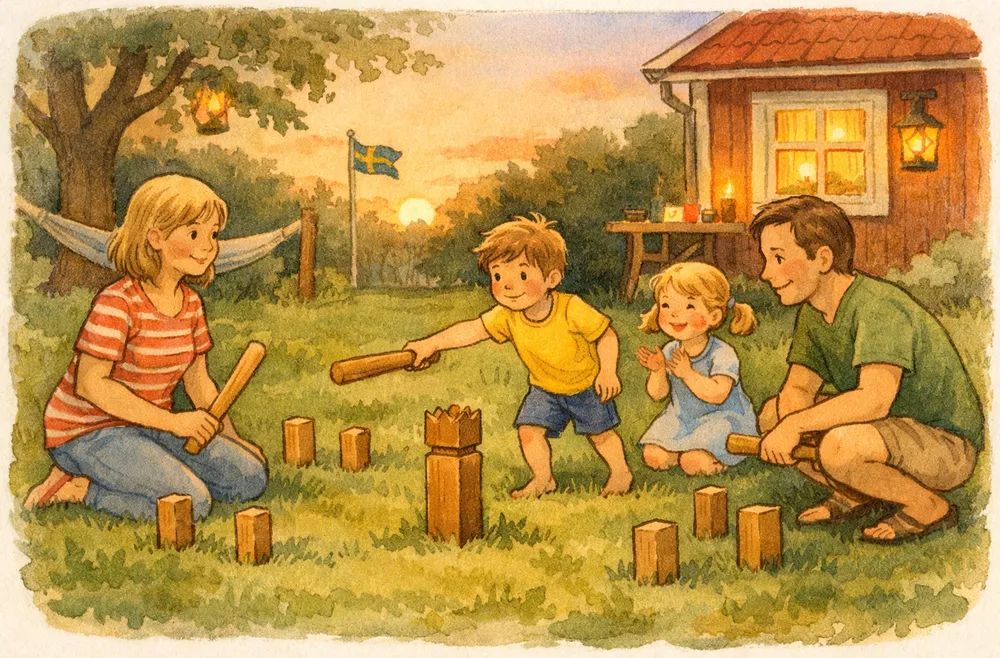 en familj som spelar kubb och trädgårdsspel på en gräsmatta en sommarkväll