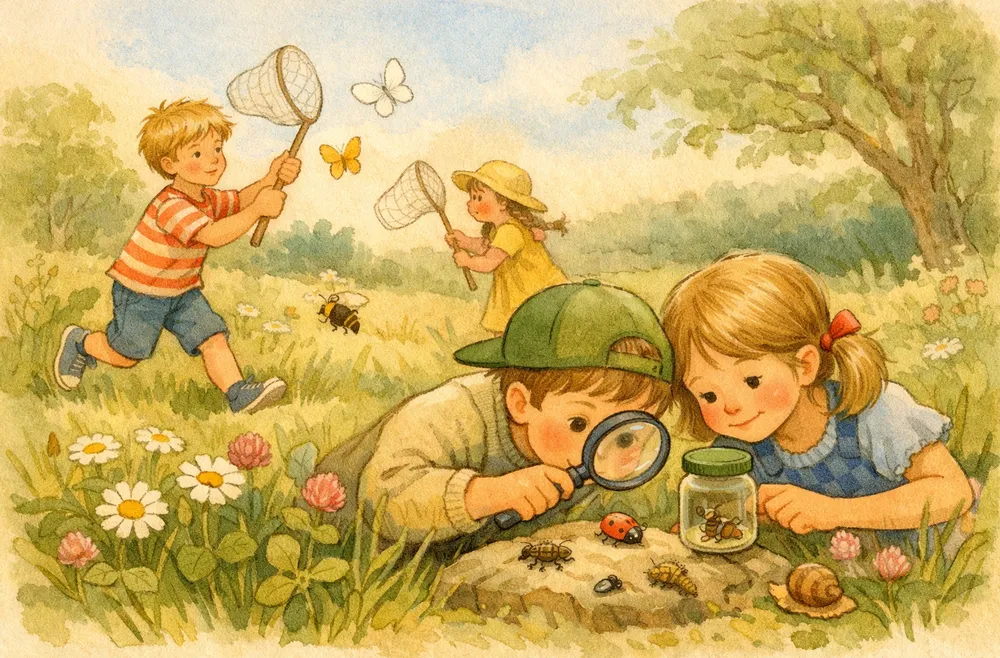 barn som fångar fjärilar med håv och tittar på insekter med lupp på en sommaräng