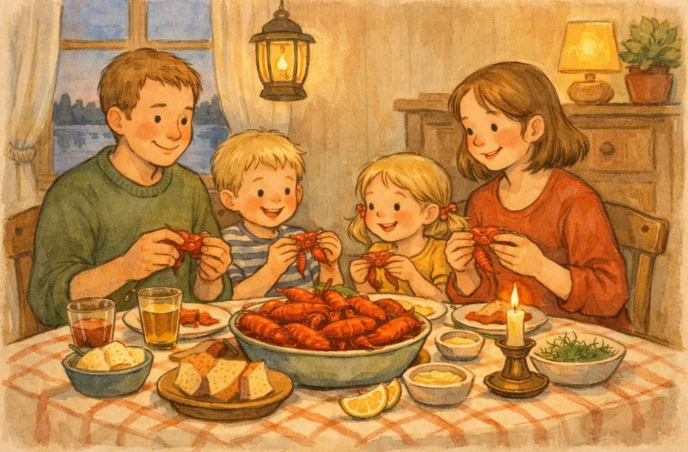 en familj som firar kräftskiva vid ett dukat bord med kulörta lyktor en sensommarkväll
