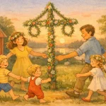 en familj som firar midsommar runt en blomsterklädd stång en ljus sommarkväll