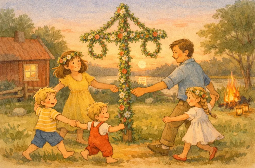 en familj som firar midsommar runt en blomsterklädd stång en ljus sommarkväll