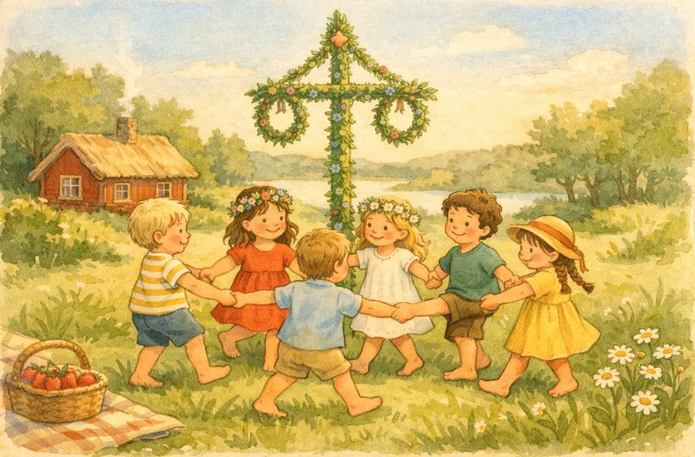 glada barn som dansar i ring runt en midsommarstång och sjunger en solig sommardag