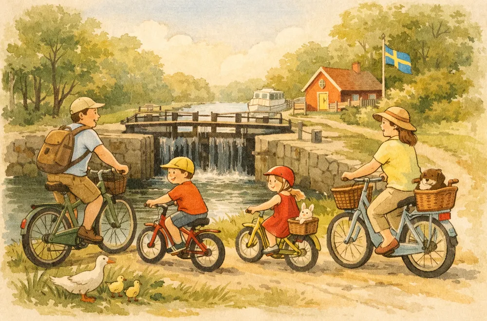 Handritad illustration: en familj som cyklar längs Göta kanal förbi en sluss en sommardag