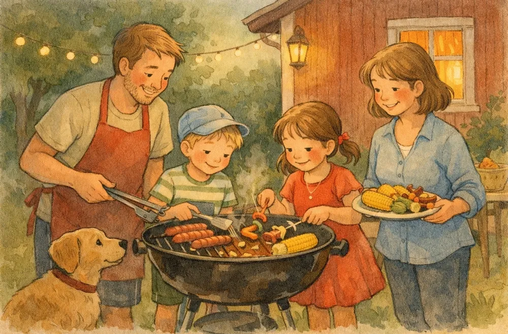 en familj som grillar tillsammans i en trädgård en sommarkväll