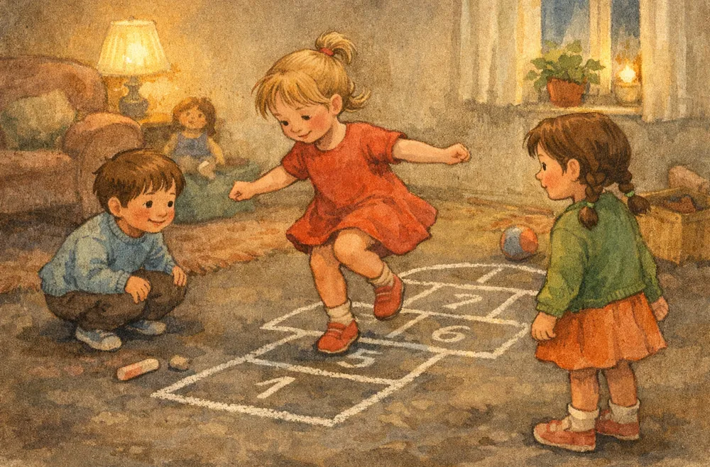 barn som hoppar hage på ett rutmönster ritat med krita på asfalt en sommardag
