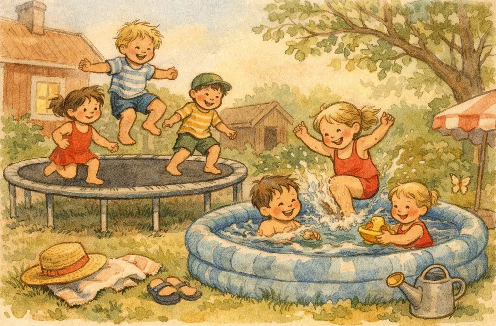 barn som hoppar på en studsmatta och plaskar i en liten pool i en trädgård