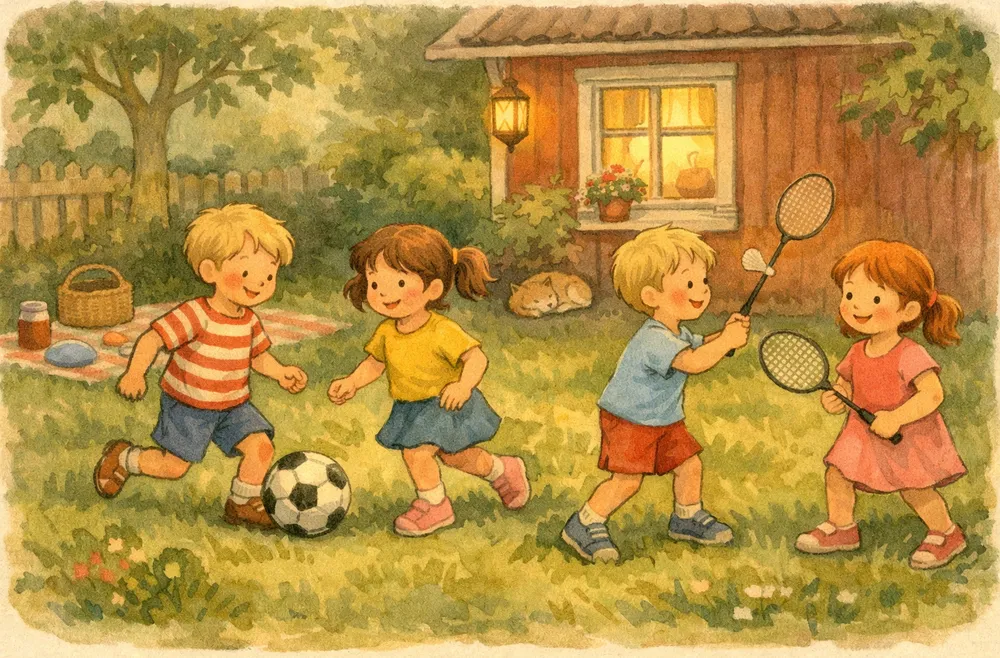 barn som leker olika utelekar tillsammans på en sommaräng en solig dag