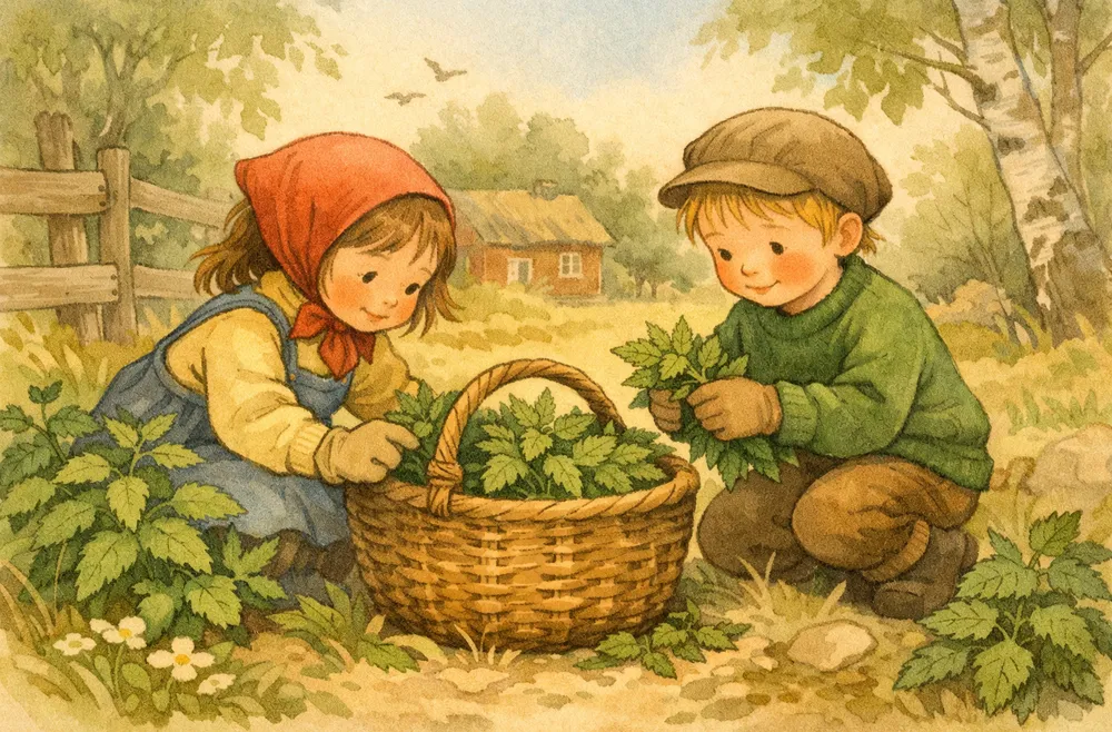 Handritad illustration: barn som plockar nässlor i en korg ute i naturen
