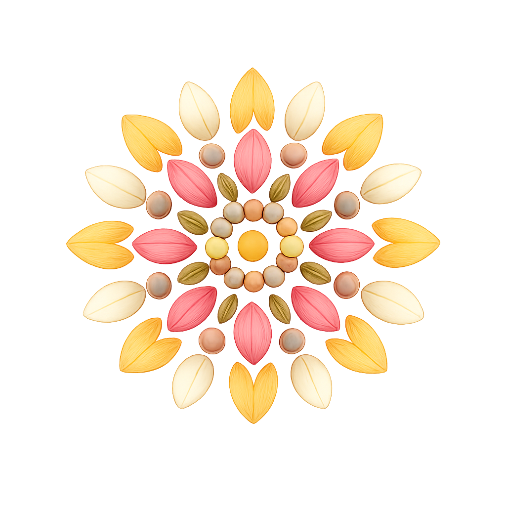Handritad detaljbild av en naturmandala av blommor och löv